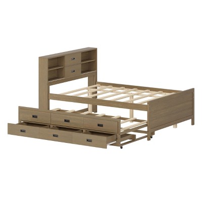 NicBex Captain Bed with Trundle, Day Bed with 3 Storage Drawers, Sofa Bed Frame with Storage Bookcase Headboard