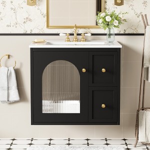 24" Floating Bathroom Vanity with Sink, Wall Mounted Bathroom Storage Vanity Cabinet with Fluted Glass Door - 1 of 4