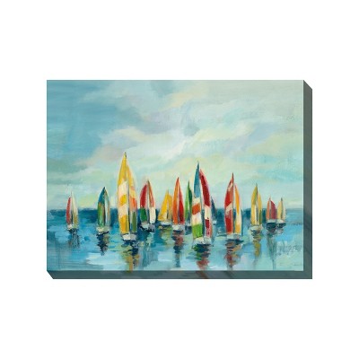 Cottage Garden West of The Wind Bright Sails Blue, Red, Yellow 40 x 30 Inch Waterproof Gallery Wrapped Canvas, Outdoor Garden, Yard, Patio All Weather