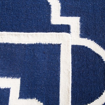 Ivory and Navy Square Handmade Wool Geometric Rug - 6' x 6'