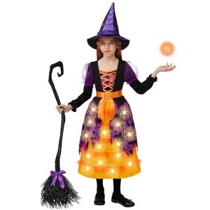 Joyfy Girls' Halloween Light Up Witch Costume with Tutu & Accessories | LED Light-Up Pink Dress, Hat, Broom for Halloween Dress-Up - 1 of 4