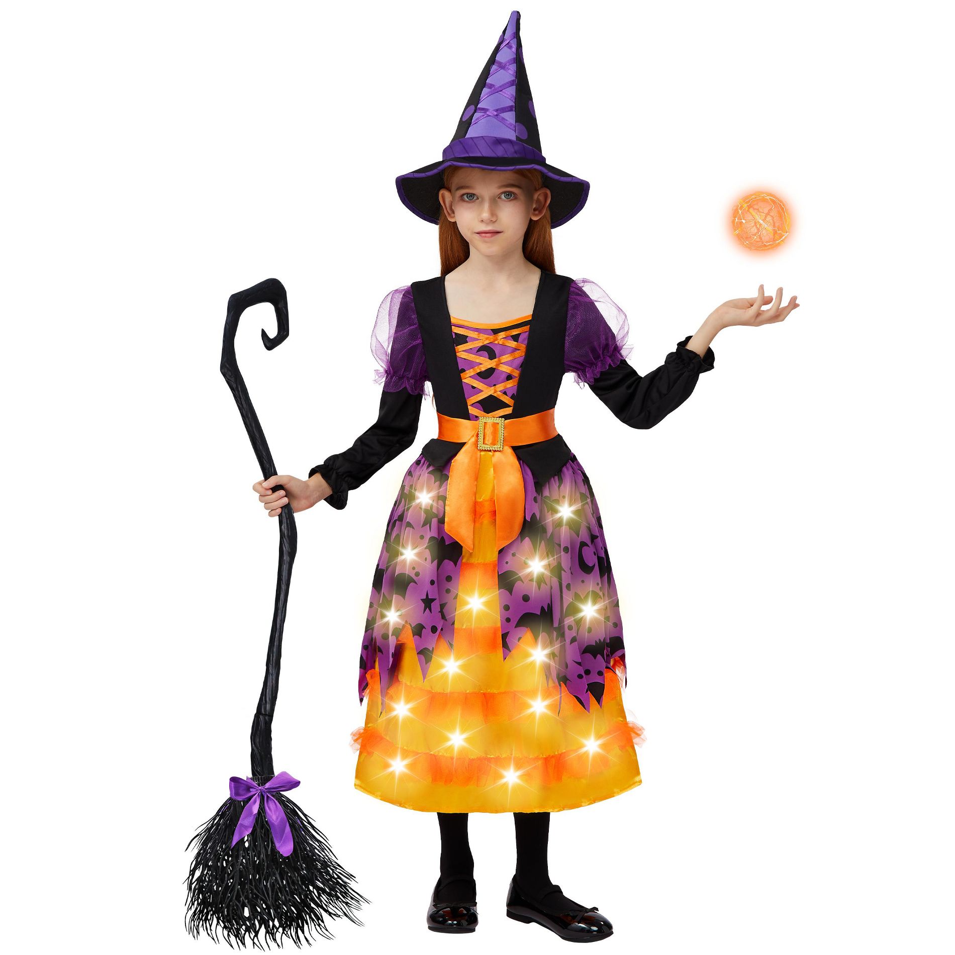 Joyfy Girls' Halloween Light Up Witch Costume with Tutu & Accessories | LED Light-Up Pink Dress, Hat, Broom for Halloween Dress-Up