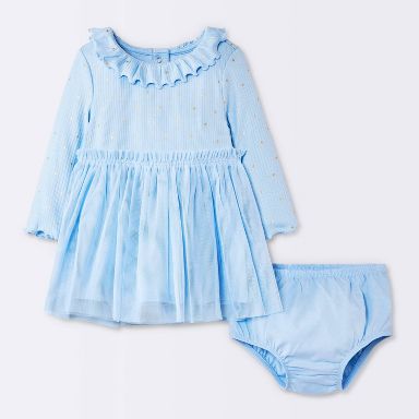 Baby Girls' Star Long Sleeve Modal Ribbed Tulle Dress - Cloud Island Blue 3-6M