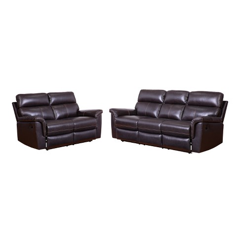 2pc Maxwell Top Grain Leather Reclining Sofa Loveseat Set Brown Abbyson Living