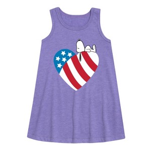 Girls' - Peanuts - Snoopy On Flag Heart Graphic Sleeveless Aline Dress - 1 of 4