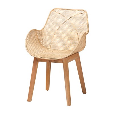 Natural Brown Mahogany Wood and Rattan 5-Piece Dining Set