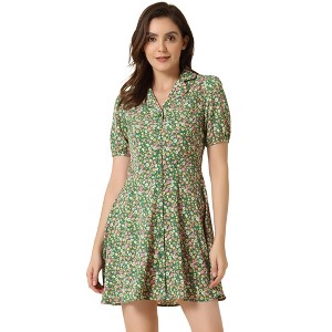 Allegra K Women's Button Up Short Sleeve A-Line Chiffon Vintage Floral Shirt Dress - 1 of 4