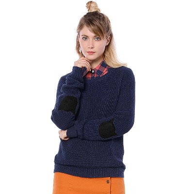 Allegra K Women's Elbow Patch Long Sleeve Drop Shoulder Pullover Jumper Cat Sweaters