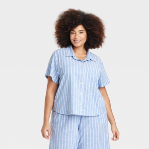 Women's Striped Cotton Blend Short Sleeve Pajama Shirt - Auden™ - 1 of 3