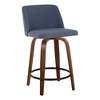 Toriano Mid-Century Modern Fixed-Height Counter Stool with Swivel, Wood, and Blue Fabric Upholstery by LumiSource - Set of 2 - 2 of 4