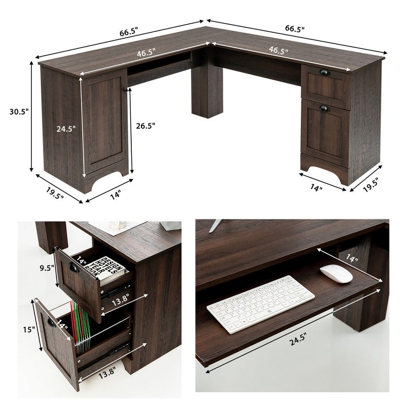 Costway L-Shaped Corner Computer Desk Writing Table Study Workstation Drawers BlackBrown, 4 of 11