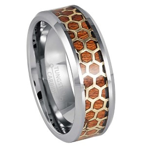 Jewelry Avalanche 8mm Beveled Honeycomb & Rosewood Inlay Tungsten Carbide Mens Wedding Band - 1 of 4