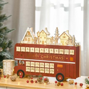 CIPACHO Christmas Advent Calendar - Wooden Bus Holiday Decoration with Countdown Drawer, Santa Claus Street House for Kids and Adults - 1 of 4