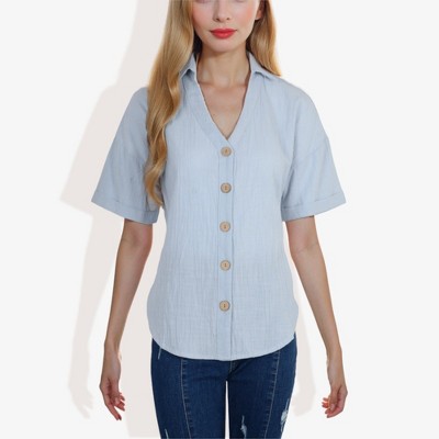 Anna-Kaci Women's Short Sleeve Button Down Shirt with V-Neckline Relaxed Fit