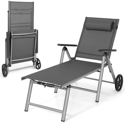 Tangkula Patio Recliner Chair Outdoor Adjustable Folding Chaise Lounge Chair w/ 2 Wheels