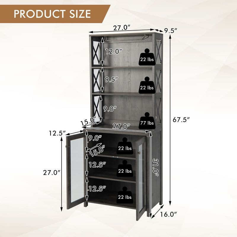 Costway Tall Freestanding Bar Cabinet Kitchen Buffet w/ Glass Holder & Adjustable Shelf, 4 of 11