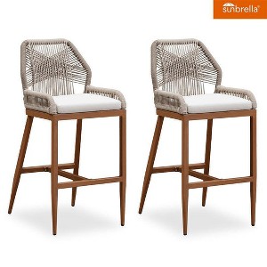PURPLE LEAF Patio Sunbrella Bar Stools Set of 2 Handwoven Wicker Bar Height Stool Modern Aluminum Outdoor Wicker Barstools with Back and Cushion - 1 of 1