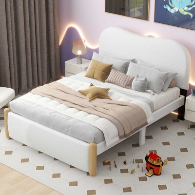 Full Size Upholstered Platform Bed With Wood Supporting Feet, White ...