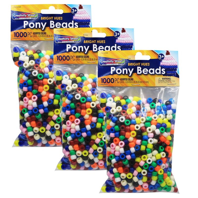 Creativity Street Pony Beads, Assorted Bright Hues, 6 mm x 9 mm, 1000 Per Pack, 3 Packs, 1 of 5