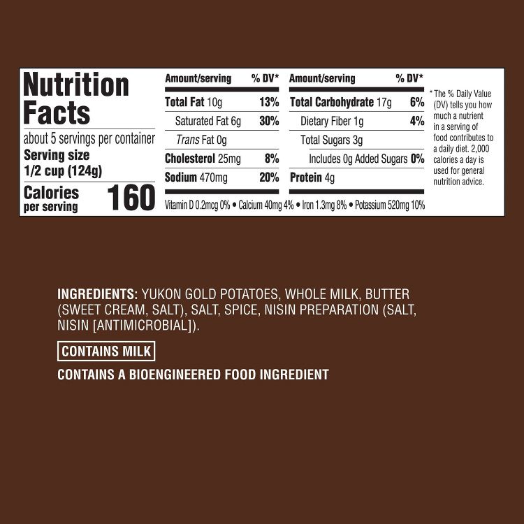 Nutrition label showing 160 calories per serving with ingredients including Yukon Gold potatoes, whole milk, and butter, and a note stating it contains milk and a bioengineered food ingredient.