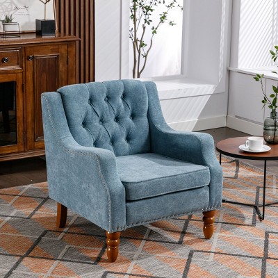 Blue Linen Upholstered Accent Chair with Button Tufted Back,Lounge Armchair with Wood Legs,Modern Accent Chair for Living Room-Baofuwish