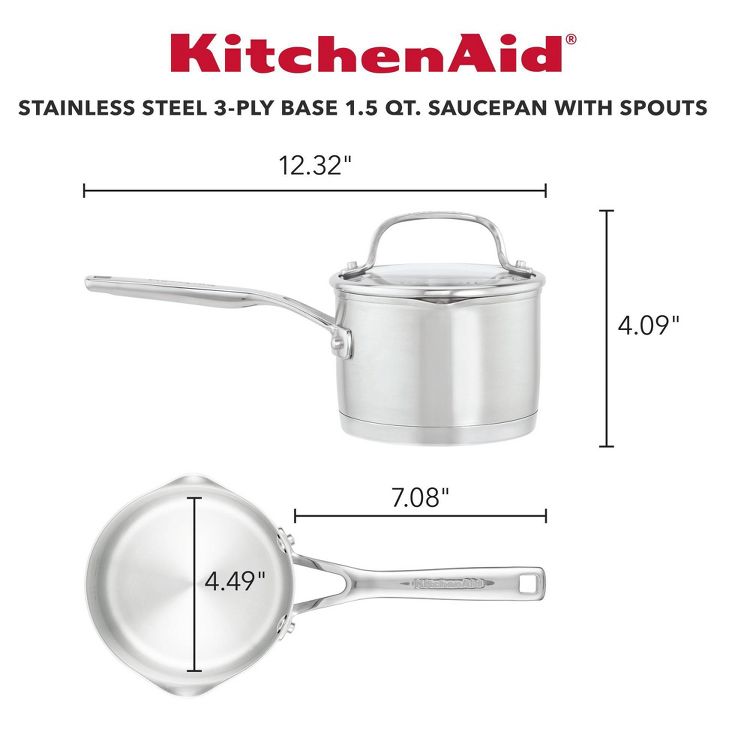 KitchenAid Stainless Steel 3-Ply Base 1.5qt Open Saucepan with Spouts: Dishwasher-Safe, Gas & Electric Compatible, 2 of 8