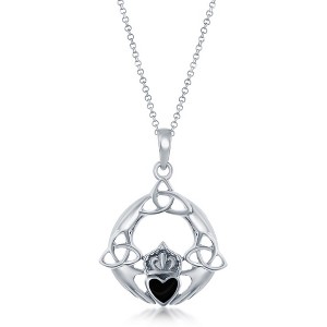 Bella Silver Sterling Silver Heart Celtic Claddagh Design 18" Pendant Necklace - Onyx - Black - 1 of 2