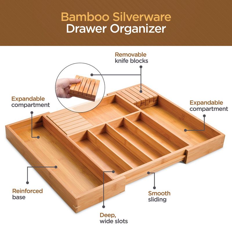 Expandable Silverware Organizer - Bamboo Kitchen Drawer Organizer, Utensil Holder - Drawer Organization and Storage in Kitchen, Bathroom or Bedroom, 4 of 8