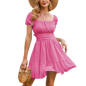 EXLURA Women's 2025 Summer Short Puff Sleeve Casual Short Mini Dresses Tie Back Square Neck A-Line Sundress - 1 of 4