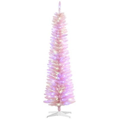 HOMCOM 6ft Tall Pencil Prelit Artificial Christmas Tree Holiday D¨¦cor with 360 Colorful Surface Branches, 200 Colorful LED Lights, Pink