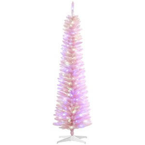 HOMCOM 6ft Tall Pencil Prelit Artificial Christmas Tree Holiday D¨¦cor with 360 Colorful Surface Branches, 200 Colorful LED Lights, Pink - 1 of 1