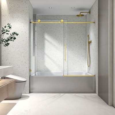 PexFix 63 in.x 60 in. Frameless Single Sliding Shower Door 8mm Tempered Glass With Adjustable Soft Closing Design for Spa Bathroom Brushed Gold
