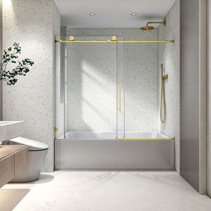 PexFix 63 in.x 60 in. Frameless Single Sliding Shower Door 8mm Tempered Glass With Adjustable Soft Closing Design for Spa Bathroom Brushed Gold - 1 of 4