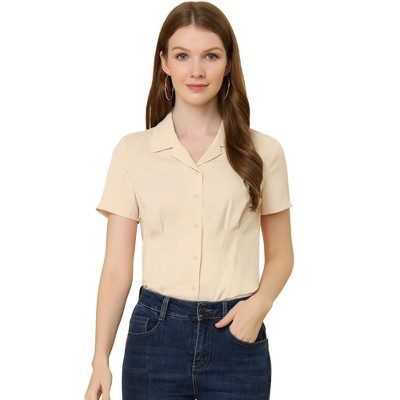 Allegra K Women's Work Summer Lapel Collar Short Sleeve Button Down Shirt