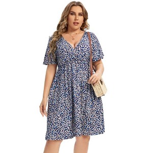 Women's V Neck A-Line Knee Length Wrap Dress Swing Dresses Plus Size A Line Party Mini Dress - 1 of 1