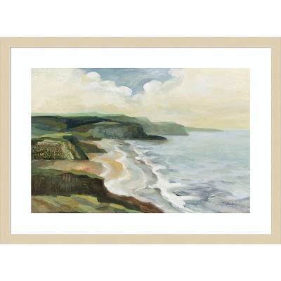 Serene Coastal Landscape Lithograph in Wood Frame, 25 x 19