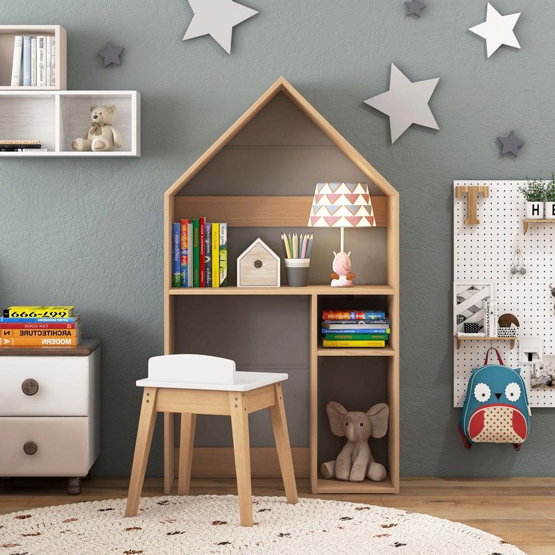 Costway Kids House-Shaped Table & Chair Set Wooden Toy Organizer Cabinet with Blackboard Grey/White, 2 of 11