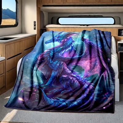 Fantasy Blue Dragon Fleece Blanket, Car Nap Throw Blanket, Aesthetic Fantasy Creature Design, Christmas Gift.