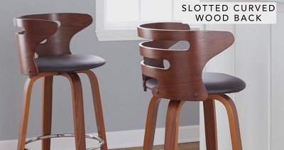 Mid-Century Modern Cream Leather Swivel Bar Stool with Walnut Wood