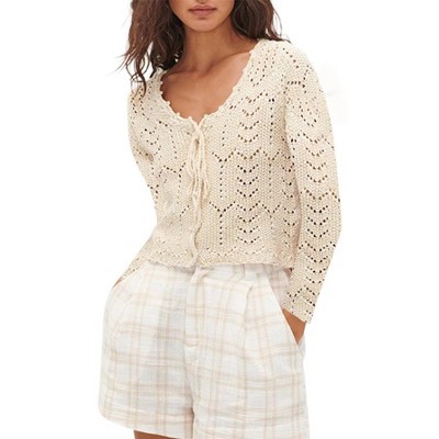 Tie Front Cropped Cardigan Crochet Bolero Shrug Sweater Sleeve Knit Crop Top