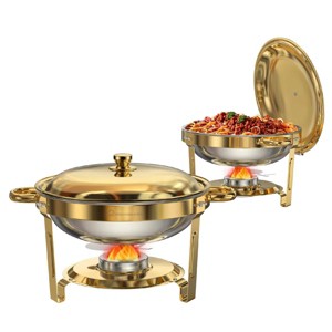 Warmounts 5QT Gold Luxury Round Chafing Dish Buffet Set Food Warmer with Steel Lids & Holders - 1 of 4