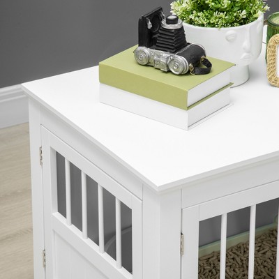 Small White Wooden Dog Crate End Table with Triple Doors