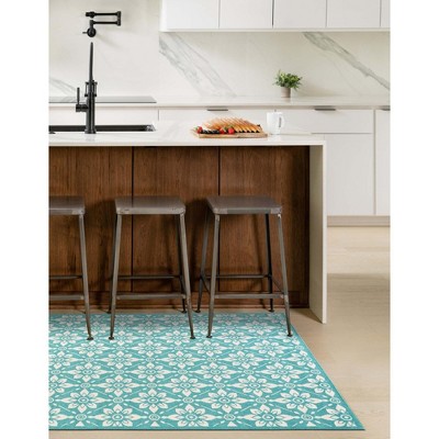 Teal Floral Flat Woven Stain-Resistant 4' x 6' Outdoor Rug