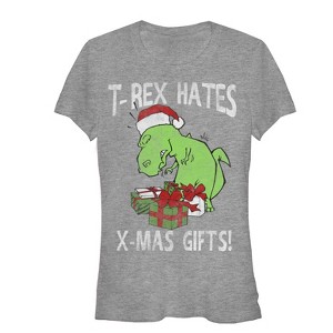 Juniors Womens Lost Gods Christmas T-Rex Hates Gifts T-Shirt - 1 of 3