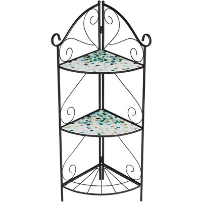 Teal Island Designs Modern Mosaic Black Outdoor Plant Stand 22" x 47" Three-Shelf Aqua Blue for Space Patio Home House Entryway