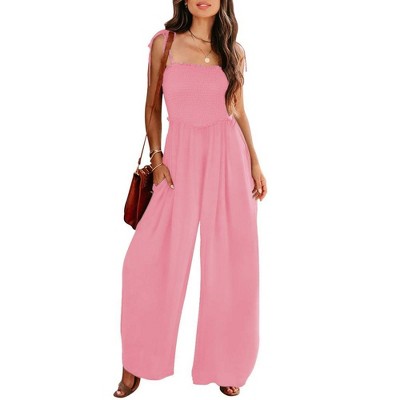 Women's Smocked Sleeveless Jumpsuits Summer Casual Spaghetti Strap Square Neck Wide Leg Rompers with Pockets