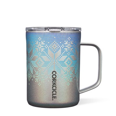 Corkcicle 16 Ounce Holiday Coffee Mug Triple Insulated Stainless Steel Cup with Clear Lid and Silicone Bottom for Hot Drinks, Fairisle Prism