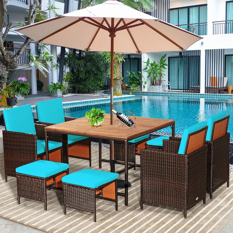Costway 9PCS Patio Rattan Dining Set Cushioned Chairs Ottoman Wood Table Top White\Red, 1 of 13