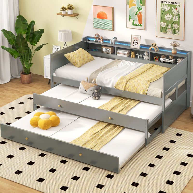 Tangkula Twin XL Captain Daybed w/ 2 Twin Trundle Storage RGB Lights Charge Station Gray, 2 of 10