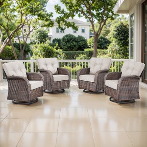 Belord Patio Swivel Gliding Rocker Chairs Set of 4, Wide Backrest Swivel Outdoor Chairs with All Weather Brown Wicker and Comfort Thick Cushion - 1 of 4
